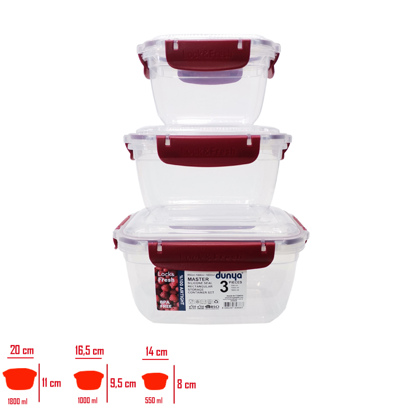 Dunya Saklama Kabı 3'lü Dıkdortgen Master (550-1000-1800 Ml) 30866