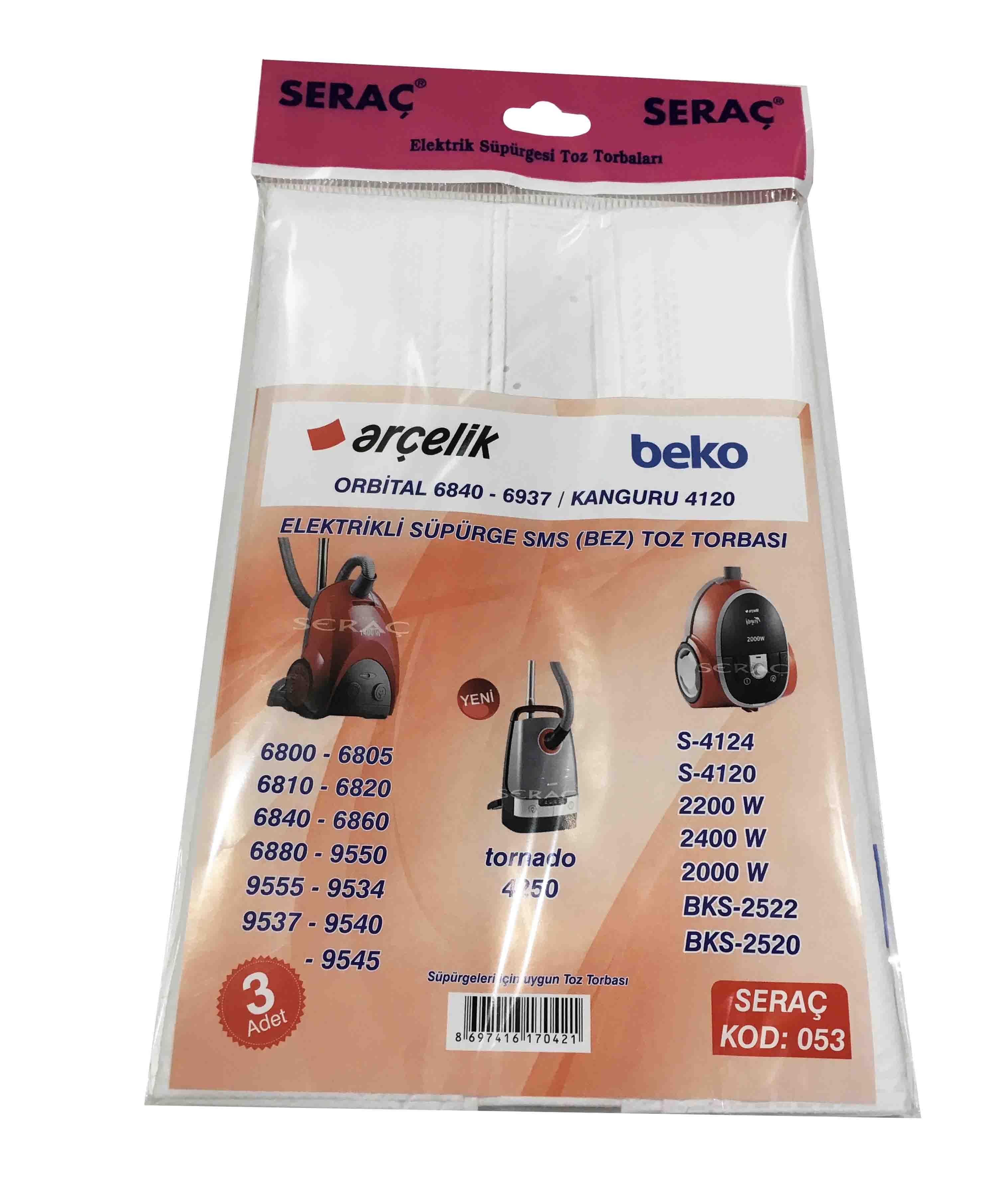 Serac Elektrık Supurgesı Toz Torbası 3'lü Arcelık Kanguru/Tornado/Orbıtal 053