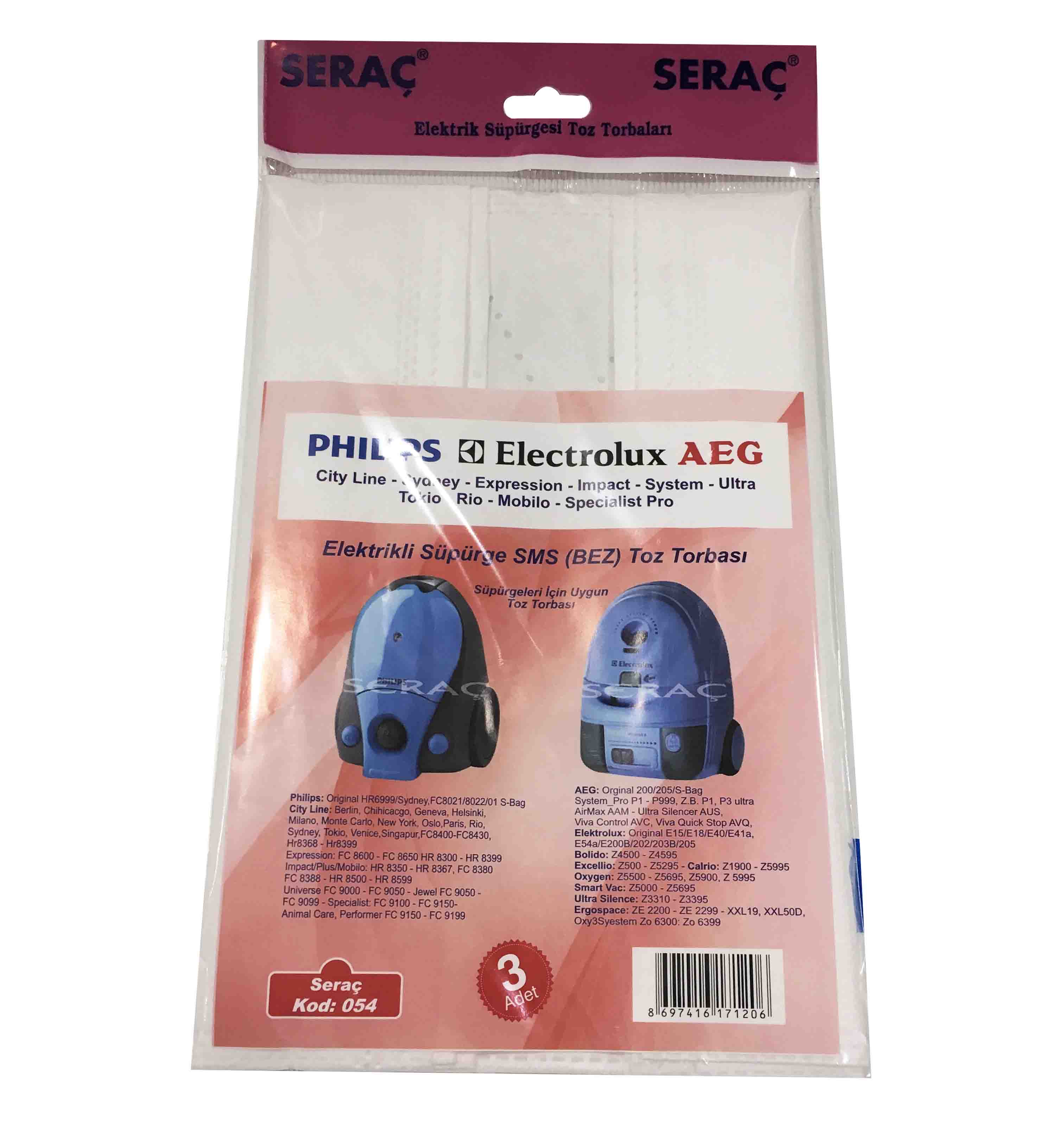Serac Elektrık Supurgesı Toz Torbası 3'lü Phılıps/Sydney/Electrolux/Aeg 054
